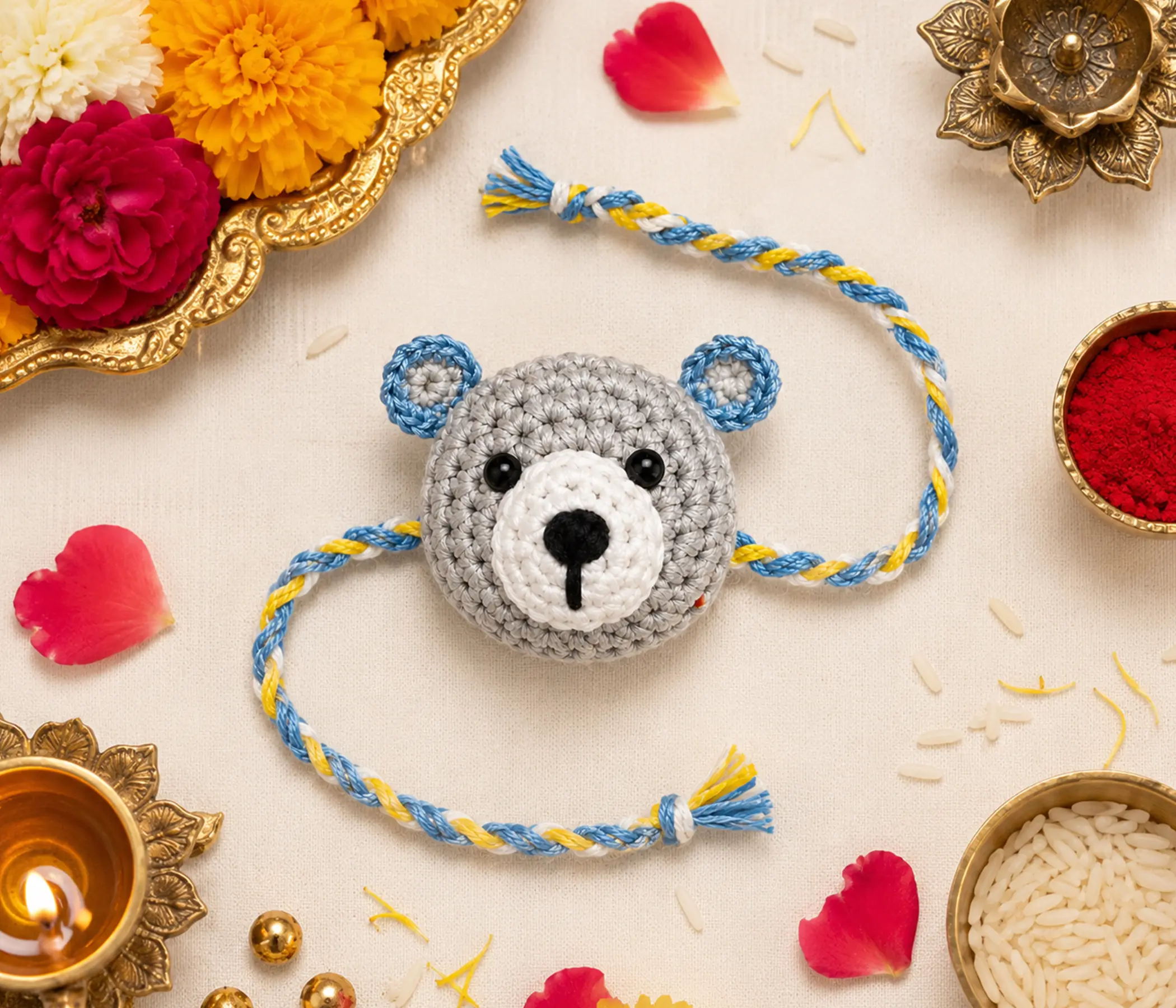 Adorable Grey Plush Bear Handcrafted Kids Crochet Rakhi